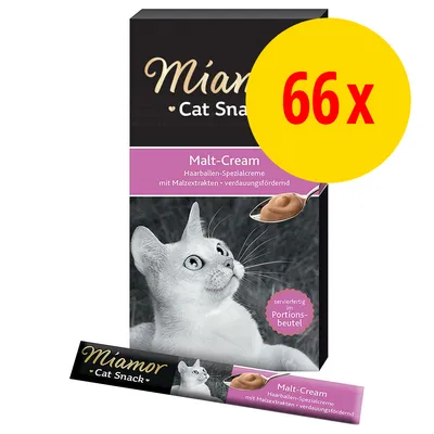Miamor Cat Snack Malt-Cream, 66x. Tekst: Haarballen-Spezialcreme mit Malzextrakten • verdauungsfördernd, serveret i portionsbeutel. Billede af kat og creme på ske.