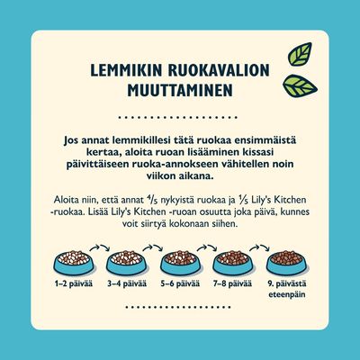 Ohje lemmikin ruokavalion muuttamiseen: lisää Lily's Kitchen -ruokaa vähitellen viikon aikana, alkaen 1/5 osuudella ja siirtyen kokonaan siihen 9. päivästä eteenpäin.