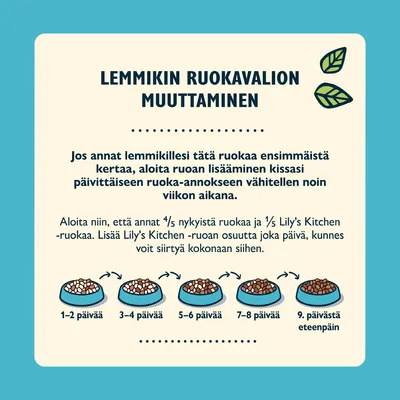 Ohje lemmikin ruokavalion muuttamiseen: lisää Lily's Kitchen -ruokaa vähitellen viikon aikana, alkaen 1/5 osuudella ja siirtyen kokonaan siihen 9. päivästä eteenpäin.