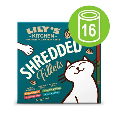 Lily's Kitchen Shredded Fillets kissoille, 8x70g purkit. Lajit: Simply Chicken, Chicken & Ham, Chicken & Mussels, Tuna & Salmon. Luonnolliset ainesosat, ilman sokeria, viljaton.