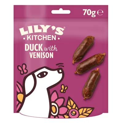 Lily's Kitchen Duck with Venison, 70g. Verpakking met illustratie van een hond en drie kleine worstjes.