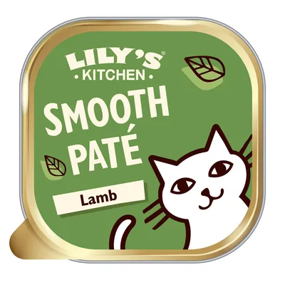 LILY'S KITCHEN SMOOTH PATÉ Lamb -kissanruoka, vihreä pakkaus, piirros kissasta ja kaksi lehtikuviota kannessa