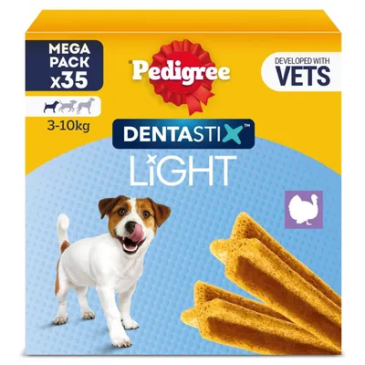Pedigree Dentastix Light, mega pack of 35 for 3-10kg, developed with vets, turkey flavour. Image shows product sticks and weight range icons.