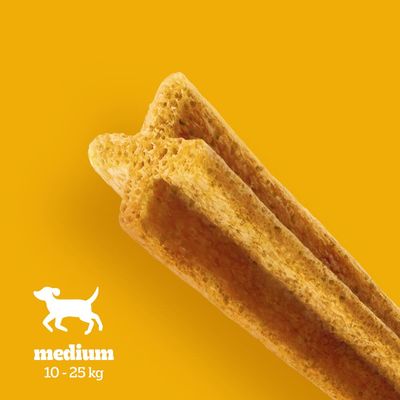 Chew stick for medium-sized dogs, suitable for 10 to 25 kg weight range, shown against a yellow background with a dog icon and size information.