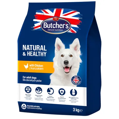 Butcher's Natural & Healthy Hundefutter mit Huhn, für ausgewachsene Hunde, 3 kg, recycelbare Verpackung, hergestellt in Grossbritannien.