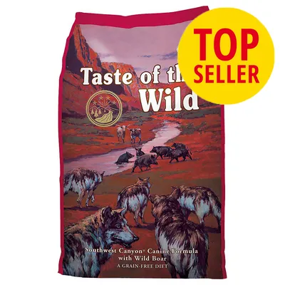 Taste of the Wild Southwest Canyon Canine Formula with Wild Boar. TOP SELLER badge synligt på pakken. Kornfri diæt står nederst på posen.