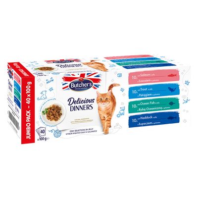 Lot mixte Butcher's Delicious Dinners 40 x 100 g pour chat sélection au poisson en gelée (4 variétés)