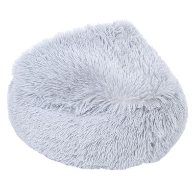 Round, fluffy pet bed in light grey with a soft surface.
