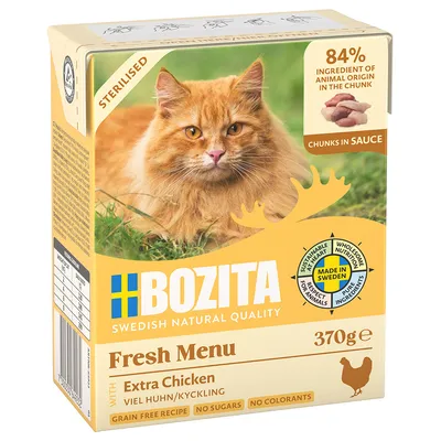 Bozita Fresh Menu con extra pollo, sterilizzato, 370g. 84% ingredienti animali a pezzi, Made in Sweden, senza cereali, zucchero e coloranti. Bozita Fresh Menu con extra pollo, sterilizzato, 370g. 84% ingredienti animali a pezzi, Made in Sweden, senza cereali, zucchero e coloranti.
