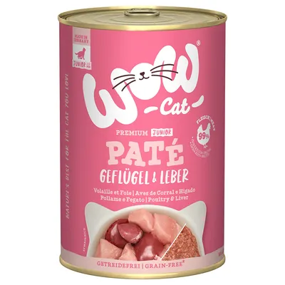 WOW Cat Premium Junior Paté, gevogelte & lever, 99% vleesinhoud, graanvrij, blik met afbeelding van stukjes vlees. Tekst: Made in Germany, voor kittens.