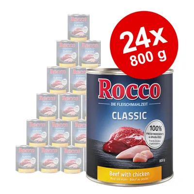 Rocco Classic Beef with chicken, 24 blikken à 800 g. Op het etiket: 100% verse ingrediënten & graanvrij. Productnaam en gewicht duidelijk zichtbaar.