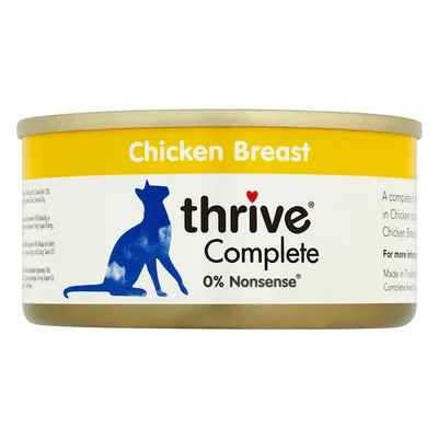 Tin labelled Chicken Breast, thrive Complete, 0% Nonsense. Shows a blue animal silhouette and product information text. Tin labelled Chicken Breast, thrive Complete, 0% Nonsense. Shows a blue animal silhouette and product information text.