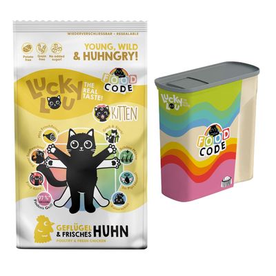 Lucky Lou Geflügel & frisches Huhn Katzenfutter für Erwachsene. Gratis Food Code Vorratsbehälter mit Regenbogen-Design. Ohne Kartoffeln, Getreide und Zuckerzusatz.