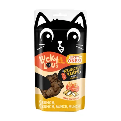 Lucky Lou's Krunchy Krisps с пиле. Без зърнени храни, без добавена захар. Произведено в Австрия.