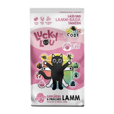 Lucky Lou The Real Taste! Geflügel & Frisches Lamm, Sterilize Light, 97 % der Katzen fressen’s gern, sans pommes de terre, sans céréales, sans sucre ajouté. Texte en allemand/anglais.