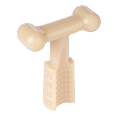 Giocattolo da masticare beige a forma di osso con superficie a nodi per l'igiene dentale.