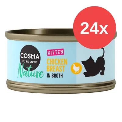 Cosma Nature Kitten Chicken Breast in Broth, 24x Dosen. Abbildung einer schwarzen Katzen-Silhouette und eines Hühner-Icons auf hellblauer Verpackung.