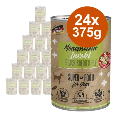 Hrană pentru câini Monoprotein Insect Black Soldier Fly, 24x375g. Fabricat în Germania, potrivit pentru alergici, ecologic, sustenabil, fără coloranți artificiali și fără teste pe animale.