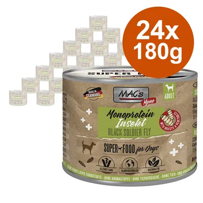 MAC's Monoprotein Insect Black Soldier Fly, superaliment pentru câini, Made in Germany, 24x180g, fără coloranți artificiali, fără arome, ecologic, sustenabil.