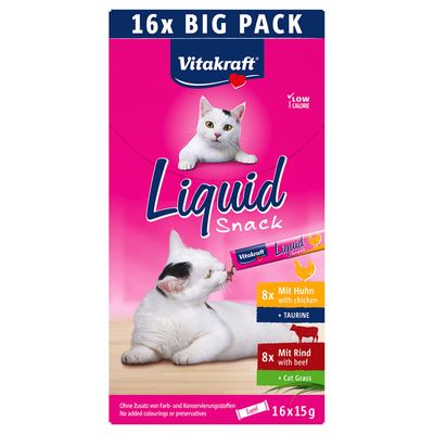 Vitakraft Liquid Snack, 16x15g Big Pack. 8x con pollo e taurina, 8x con manzo ed erba gatta. Senza coloranti né conservanti aggiunti.