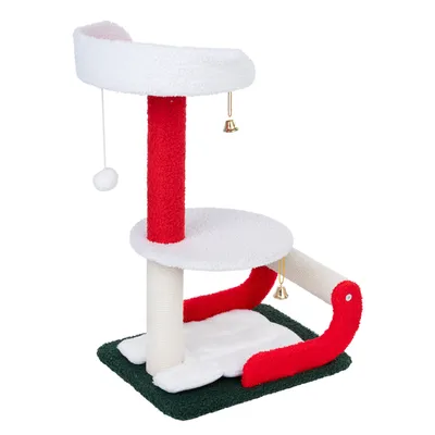 Cat tree with red and white design, two levels, toy ball on string, golden bell and green base plate.