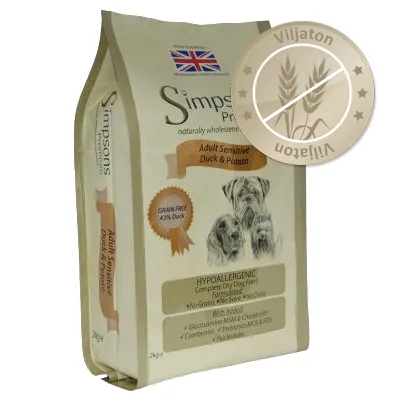 Simpsons Premium Adult Sensitive Duck & Potato koiranruoka, viljaton, GRAIN FREE 43% Duck, hypoallergenic, brittilippu pakkauksessa, piirros kolmesta koirasta