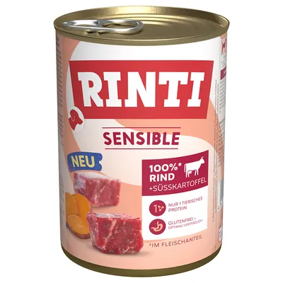 Scatola Rinti Sensible, visibile testo: 100%* Rind + Süßkartoffel, nur 1 tierisches Protein, glutenfrei, NEU. Immagini di carne e patate dolci sulla confezione.