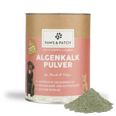 Boîte Paws & Patch ALGENDALK PULVER pour chiens et chats, texte allemand : source naturelle de calcium, complément BARF, sans plastique, algue rouge, poudre visible devant l’emballage.