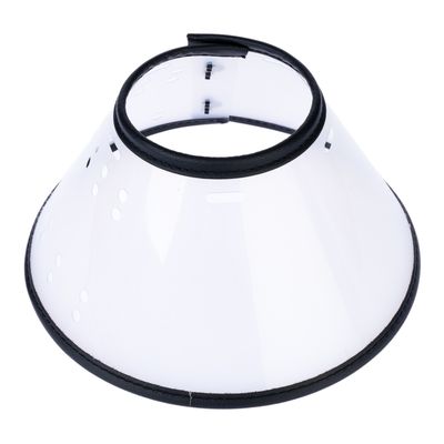 Прозрачный защитный воротник с черной окантовкой и вентиляционными отверстиями, предотвращает царапанье или вылизывание у домашних животных.