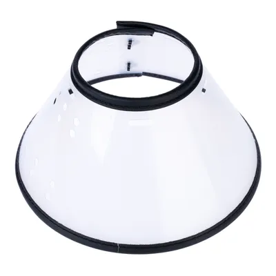 Transparenter Schutzkragen mit schwarzem Rand und Belüftungslöchern, geeignet zur Verhinderung von Kratzen oder Lecken bei Haustieren.