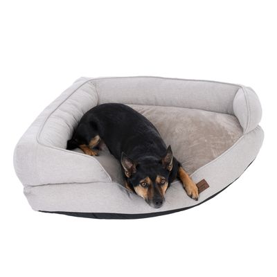 Câine întins într-un pat pentru animale de companie, gri, căptușit, cu margine ridicată și suprafață moale de dormit.