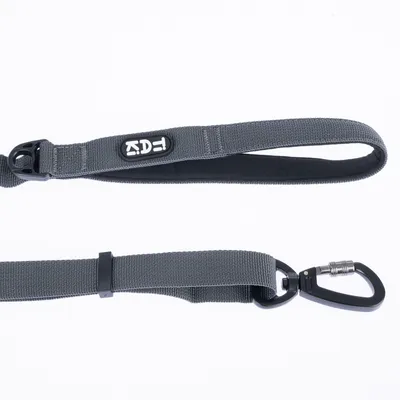 Grey dog lead with padded handle loop, black carabiner and 'ED' logo print.