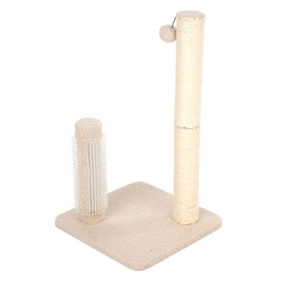 Arbre à chat beige avec poteau en sisal, brosse verticale blanche et balle suspendue sur une base carrée recouverte de tissu.