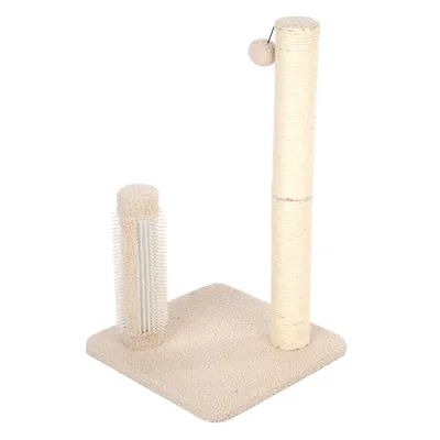 Stâlp de zgâriat cu bază bej, stâlp de zgâriat din sisal și accesoriu cu perie. Include mingea de joacă pe stâlpul superior.