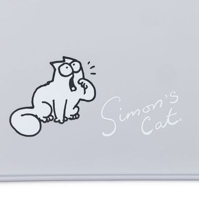 Base branca com desenho de Simon's Cat e inscrição, adequada como tapete para comedouro.