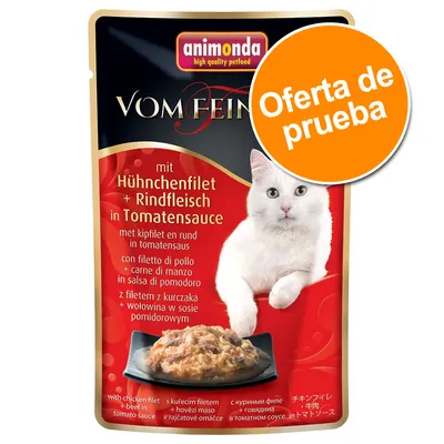animonda Vom Feinsten, mit Hühchenfilet + Rindfleisch in Tomatensauce. Oferta de prueba. Imagen del producto con comida en salsa y texto en varios idiomas.