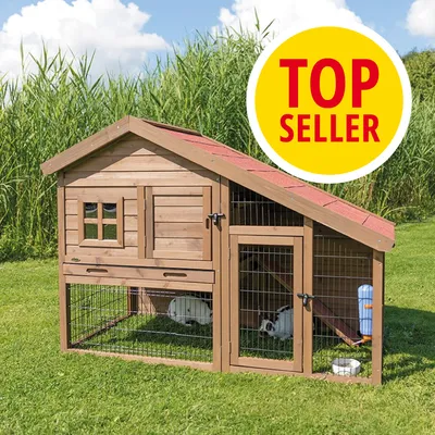 Conigliera in legno con tetto rosso, recinto in metallo e due conigli visibili all'interno. Cerchio giallo con testo: TOP SELLER.