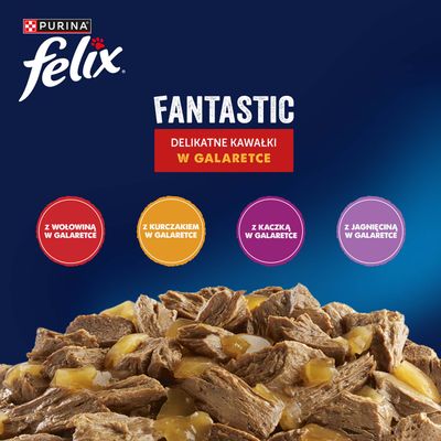 Purina Felix Fantastic. Delikatne kawałki w galaretce z wołowiną, kurczakiem, kaczką i jagnięciną. Zdjęcie produktu z przeglądem wariantów.