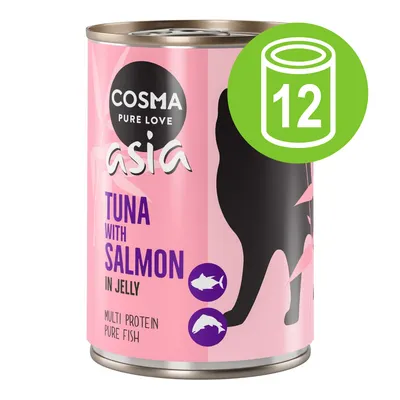 Cosma Asia Tuna with Salmon in Jelly, Multi Protein Pure Fish. 12-pack burkar syns med rosa etikett och siluett av katt.