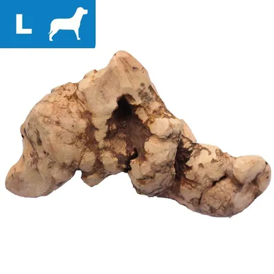 Duży kawałek drewna dla psa, oznaczenie rozmiaru L w niebieskim polu z ikoną sylwetki psa. Widoczna naturalna struktura drewna.