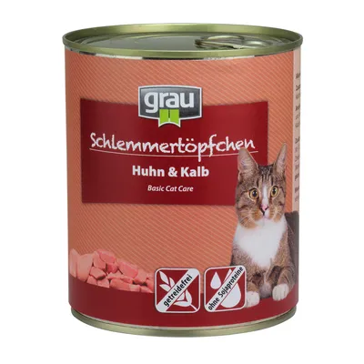 Puszka karmy dla kotów grau Schlemmerpfötchen Huhn & Kalb, Basic Cat Care, widoczne oznaczenia: bez zbóż, bez białka sojowego, zdjęcie kota i kawałków mięsa. Tekst w języku niemieckim.