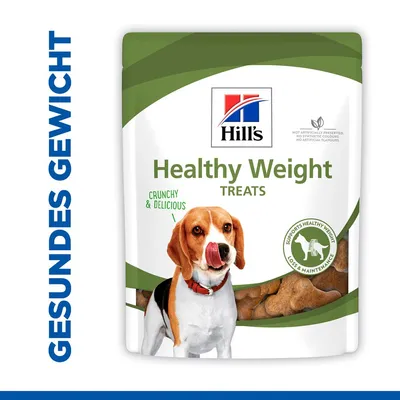 Hill's Healthy Weight Treats pour chien, texte visible : Crunchy & Delicious, Supports Healthy Weight Loss & Maintenance. Texte allemand à gauche : Gesundes Gewicht.