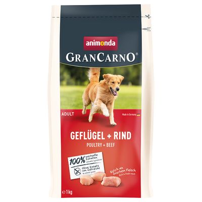 Sachets de croquettes pour chien animonda GranCarno Adult, variétés Geflügel + Rind et Geflügel, avec photo de chien sur l’emballage. Croquettes visibles en avant-plan.
