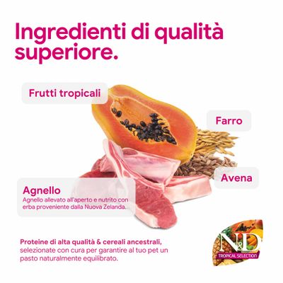 Componenti di alta qualità: frutta tropicale, agnello della Nuova Zelanda, farro e avena. Proteine e cereali per pasti equilibrati. N&D Tropical Selection.