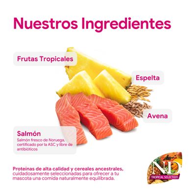 Ingredientes: Frutas tropicales, espelta, avena, salmón noruego fresco certificado y libre de antibióticos. Proteínas de alta calidad y cereales antiguos para una alimentación equilibrada para mascotas.