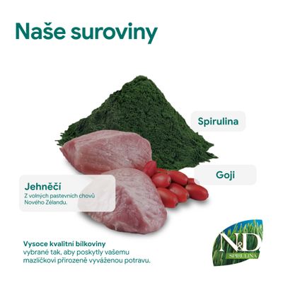 Prísady: spirulina, goji, jahňacie mäso z voľného chovu na Novom Zélande. Kvalitné bielkoviny pre vyváženú výživu zvierat. Značka: N&D Spirulina.
