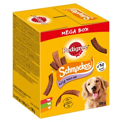 Pedigree Schmackos Mega Box, Multi Mix, 110 штук, 230 ккал на штуку, Омега-6 и витамины. Вес: 790 г.