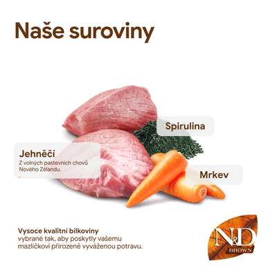 N&D Brown přísady: jehněčí maso z Nového Zélandu, spirulina, mrkev. Kvalitní bílkoviny pro vyváženou výživu zvířat.