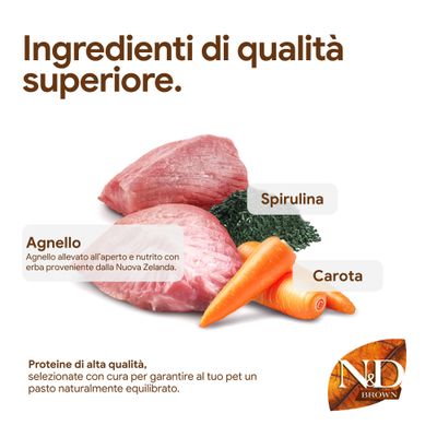 Ingredienti di alta qualità: carne di agnello dalla Nuova Zelanda, spirulina e carota. Proteine di alta qualità per pasti equilibrati. Marchio N&D Brown ben visibile.
