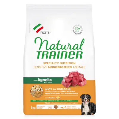 Natural Trainer Specialty Nutrition Sensitive Monoproteico Animale con Agnello, 3 kg. Ayuda la digestión, con cereales integrales y prebióticos naturales. Para perros adultos medianos y grandes. Natural Trainer Specialty Nutrition Sensitive Monoproteico Animale con Agnello, 3 kg. Ayuda la digestión, con cereales integrales y prebióticos naturales. Para perros adultos medianos y grandes.